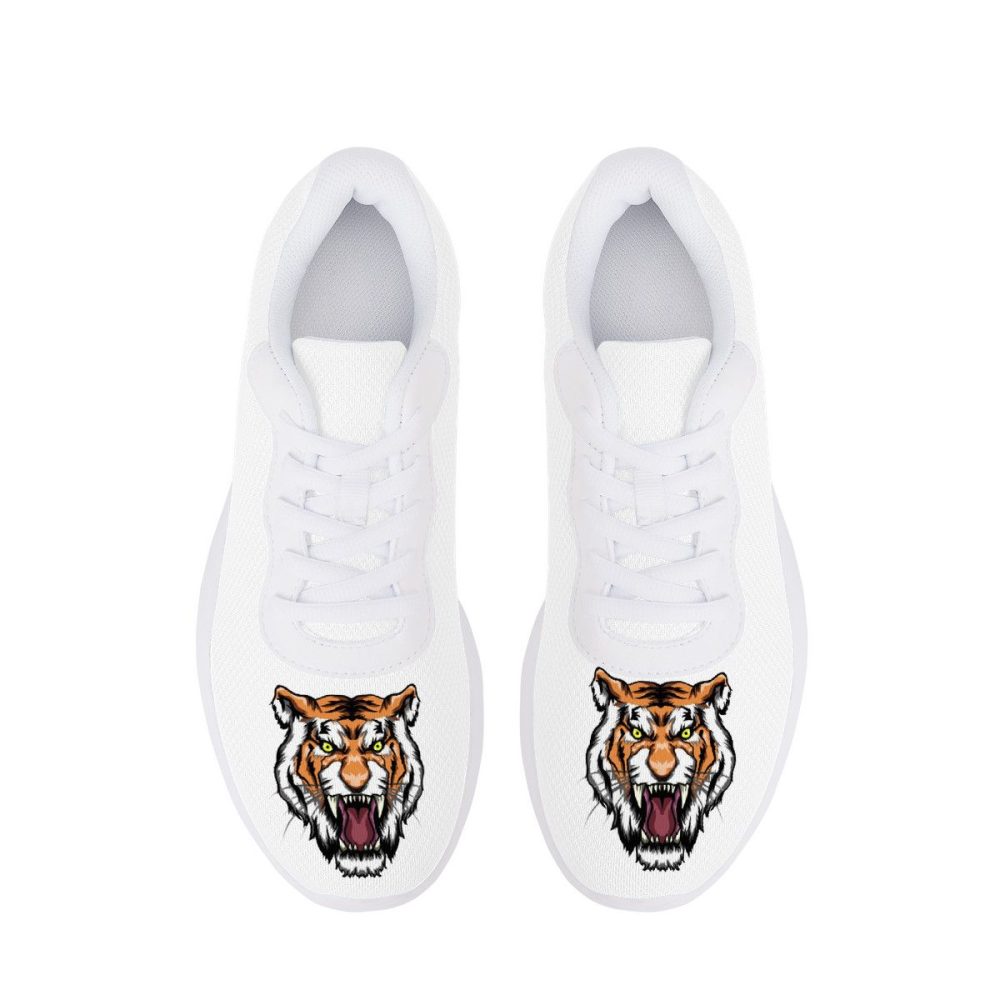 All-White Mesh Sneakers with Fierce Tiger Head Graphics